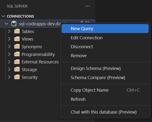 Novo comando Consulta para banco de dados na extensão SQL do VS Code