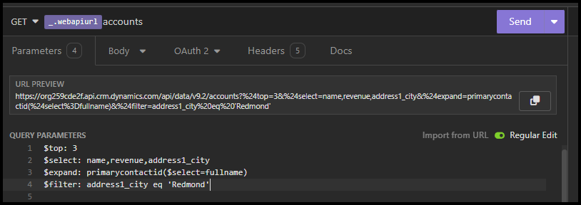 Captura de tela do Insomnia mostrando uma consulta configurada que recupera registros de conta do Dataverse.