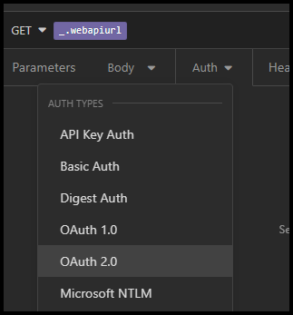 Captura de tela do menu suspenso da guia Autenticação com o OAuth 2.0 selecionado como o tipo de autenticação.