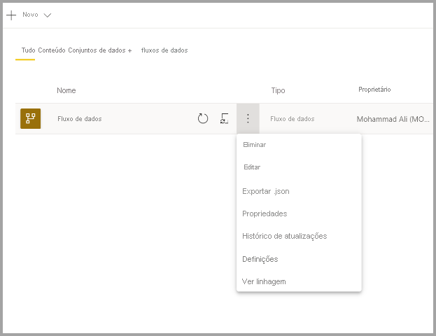 Captura de ecrã de um fluxo de dados selecionado com o menu deslizante mais aberto.