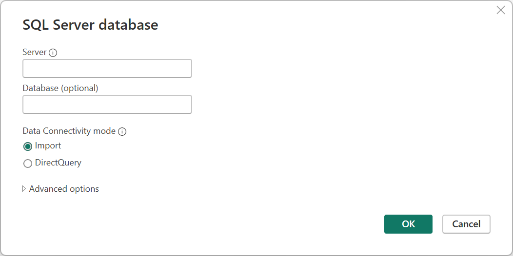 Captura de ecrã do construtor de ligações de base de dados do SQL Server no Power Query Desktop.