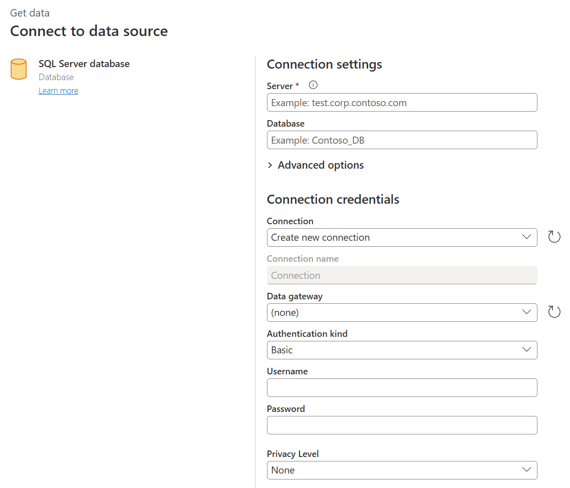 Captura de ecrã do construtor de ligações de base de dados do SQL Server no Power Query Online.