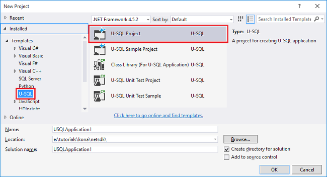 novo projeto U-SQL Visual Studio
