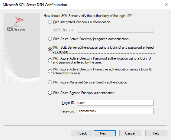 O ecrã de criação e edição da DSN com autenticação SQL Server selecionada.