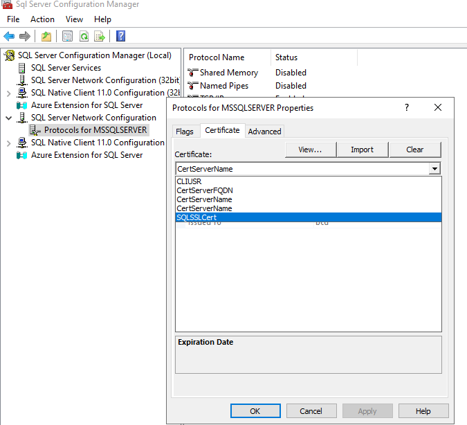 Captura de ecrã do separador de certificados na caixa de diálogo de propriedades em SQL Server Configuration Manager.