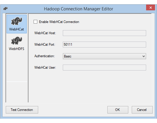 Captura de ecrã do Editor Hadoop Connection Manager com autenticação básica