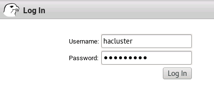 Captura de ecrã da página de login da interface web do Pacemaker com o nome de utilizador do hacluster inserido.