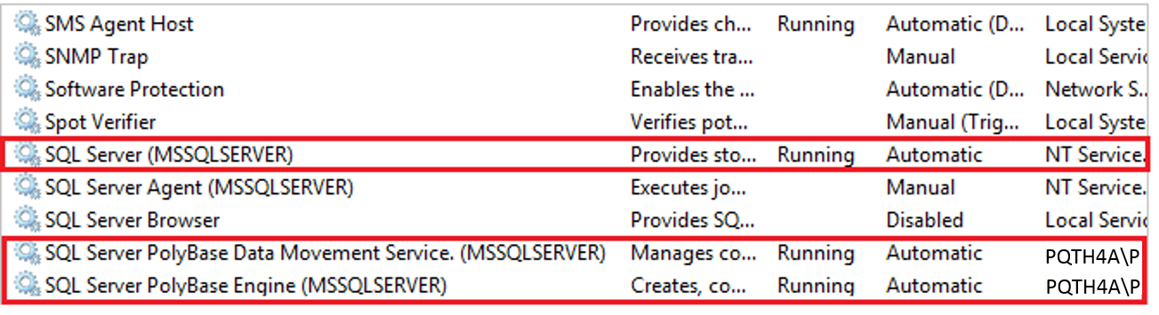 Uma captura de tela do SQL Server Configuration Manager, mostrando os serviços PolyBase.