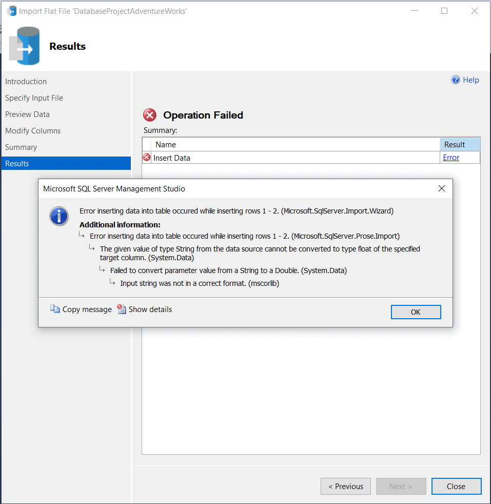 Captura de tela de um erro nos resultados de geração de relatórios do Assistente de Importação de Ficheiro Plano.
