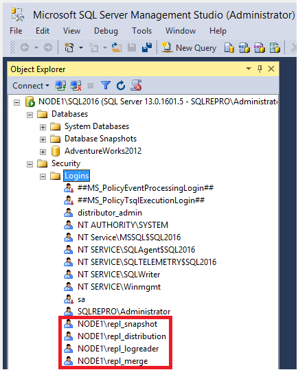 Captura de ecrã das quatro contas no Object Explorer.