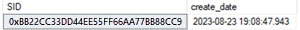 Captura de ecrã da saída da consulta SQL Server Management Studio (SSMS) para o SID da aplicação.