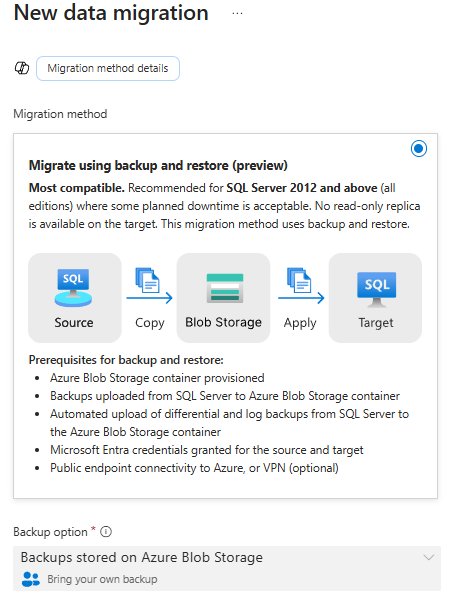 Captura de ecrã da página de Migrar Dados no portal Azure.