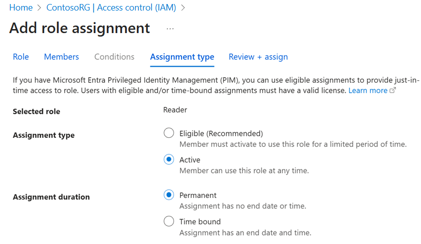 Captura de ecrã de definir o tipo de Atribuição para Ativo e a duração da Atribuição para Permanente no separador de tipo de Atribuição no portal Azure.