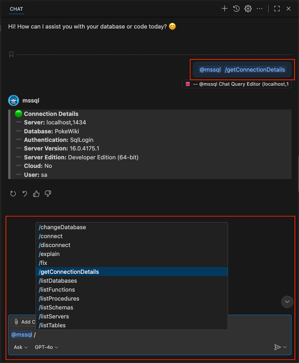 Captura de tela mostrando o uso de um exemplo de comando de barra no bate-papo do GitHub Copilot.