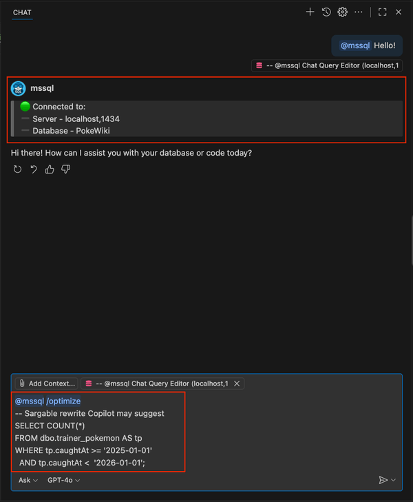 Captura de tela mostrando a sugestão de comando /otimize slash para uma consulta sargable.