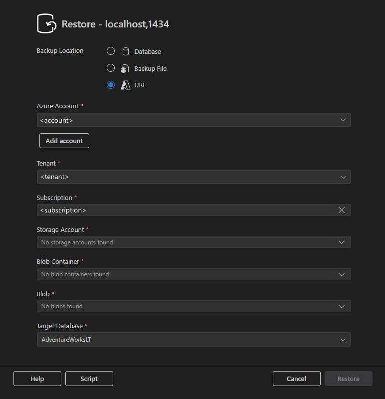 Captura de ecrã do diálogo Restaurar com a opção URL selecionada a mostrar os campos de configuração do Azure.