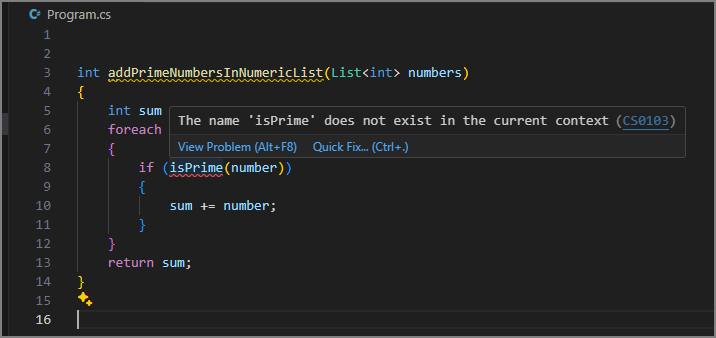 Captura de ecrã mostrando o método addPrimeNumbersInNumericList fundido no código com isPrime sublinhado a vermelho.