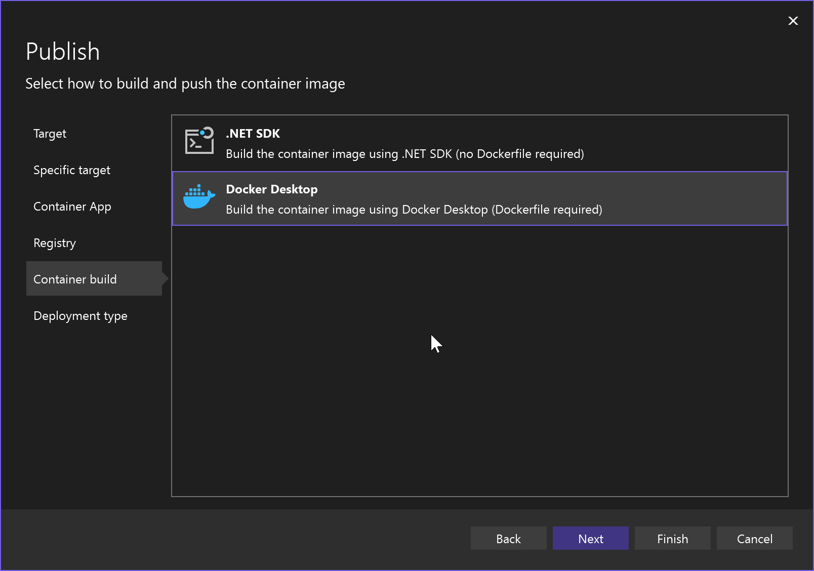 Captura de tela mostrando a escolha do tipo de compilação do contêiner, com o Docker Desktop selecionado.