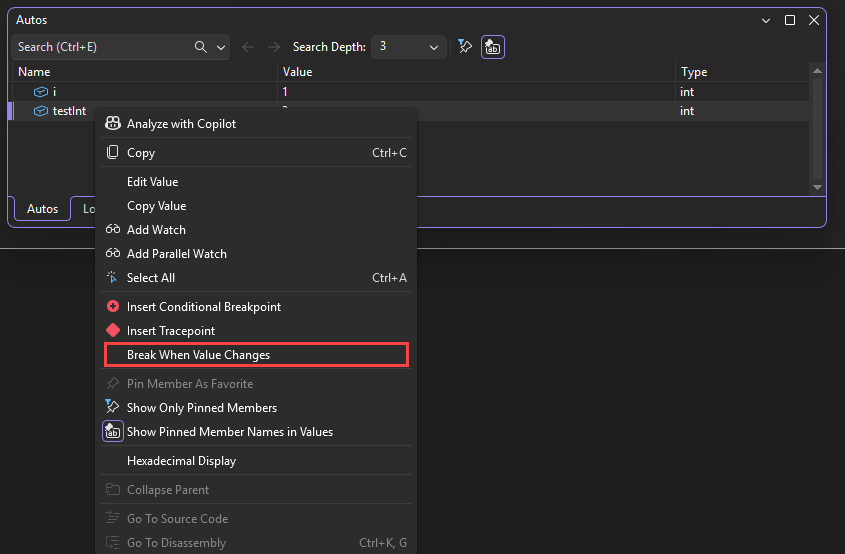Captura de ecrã que mostra o comando Break When Value Changes.