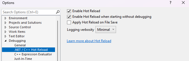 Captura de tela das configurações do .NET Hot Reload.