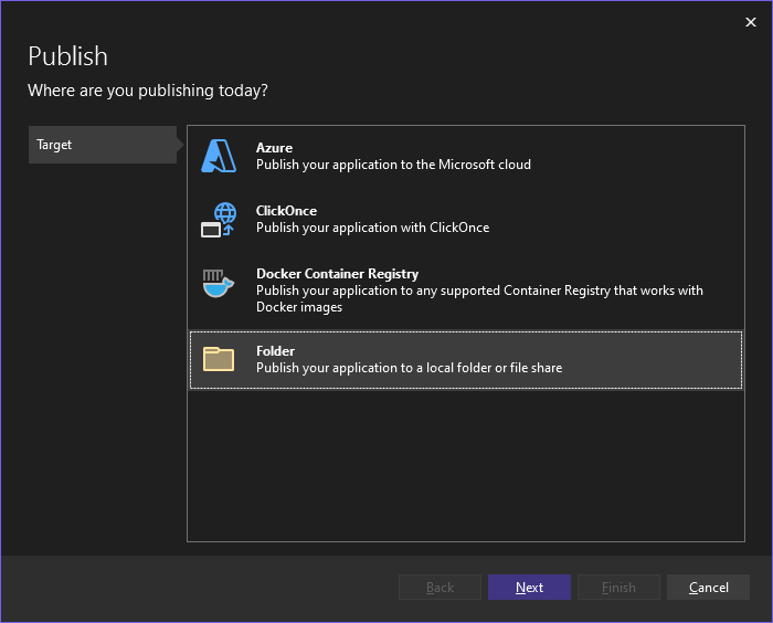 Escolher pasta como destino de publicação
