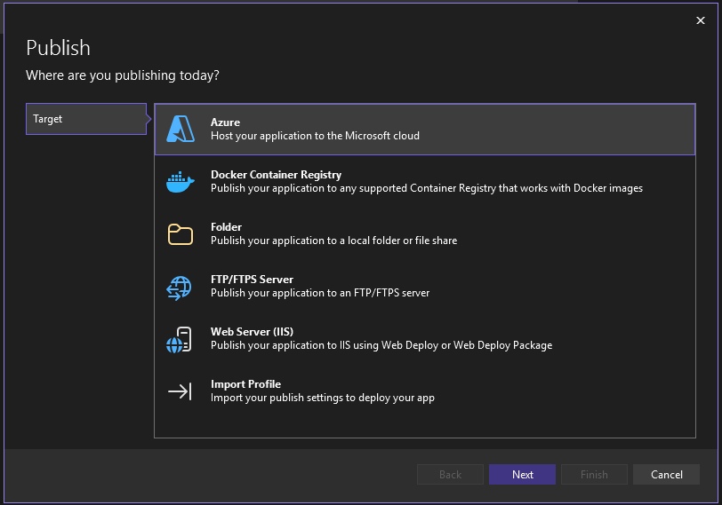 Captura de tela mostrando o assistente de publicação, mostrando os destinos de publicação disponíveis.