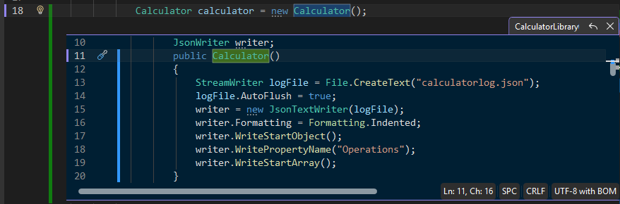 Captura de ecrã a mostrar uma janela de Peek Definition.