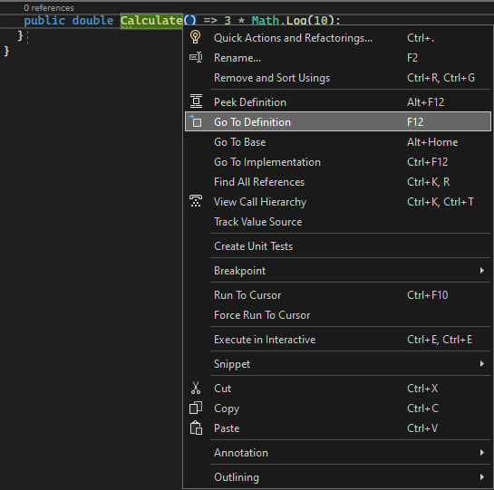 Captura de ecrã que mostra o item do menu Ir à Definição em Visual Studio 2022.