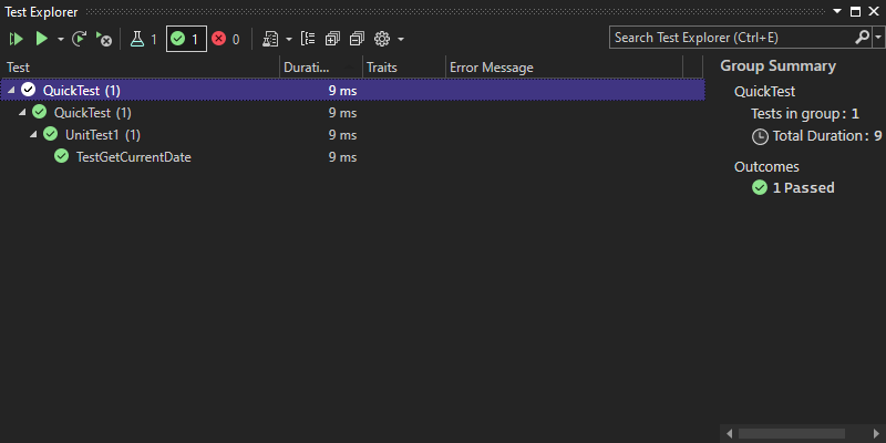 Captura de tela que mostra o Test Explorer com um teste aprovado.