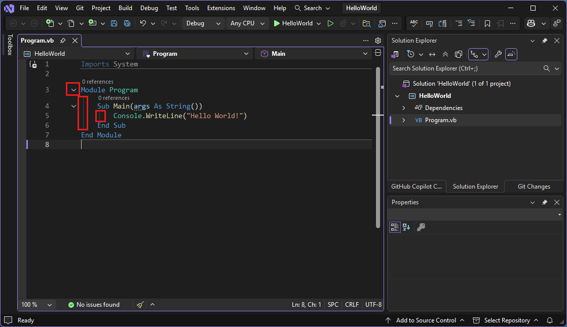 Captura de ecrã que mostra o Visual Studio IDE com caixas vermelhas.