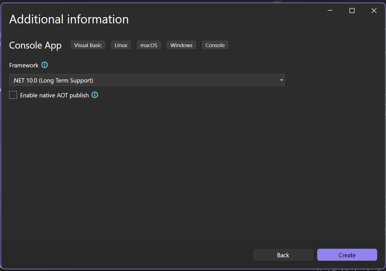 Captura de ecrã que mostra a janela de informação adicional no Visual Studio com o .NET 10.0 selecionado como framework alvo para o novo projeto.