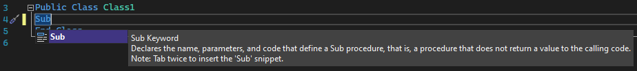 Captura de ecrã do IntelliSense para um excerto de subcódigo em Visual Studio.