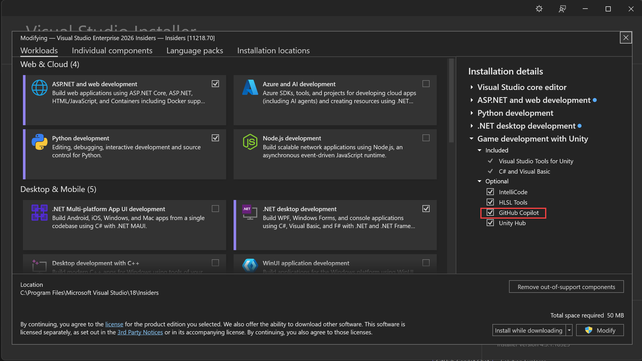 Captura de ecrã que mostra como usar o Instalador Visual Studio para instalar o componente GitHub Copilot.