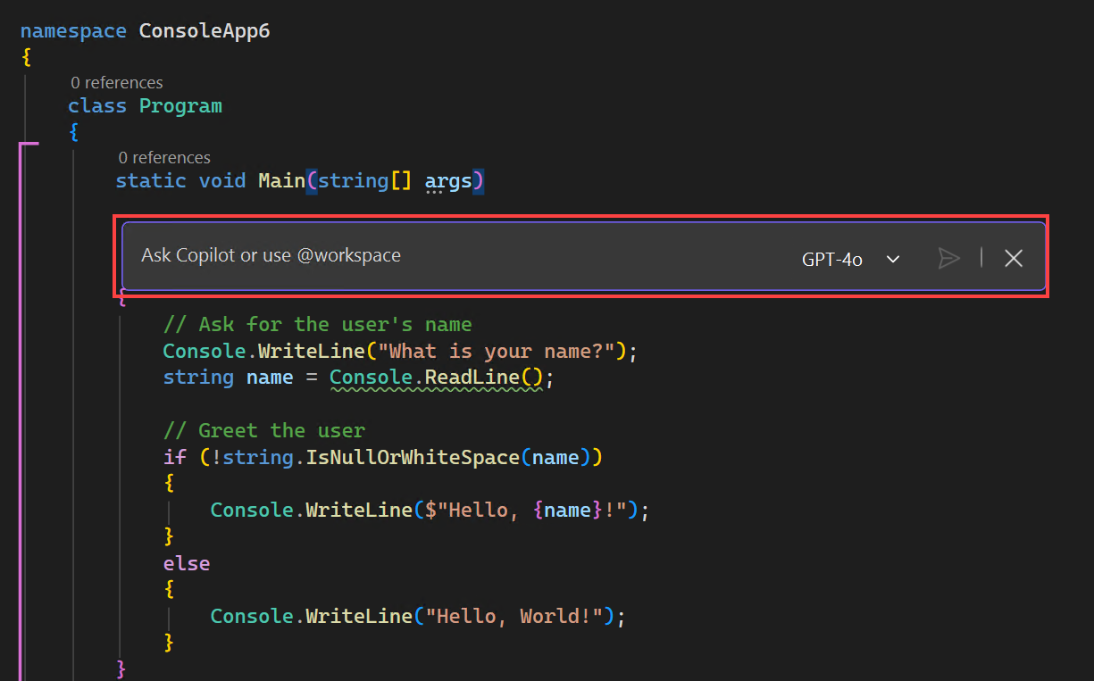 Captura de ecrã da interface de chat inline na janela do editor.