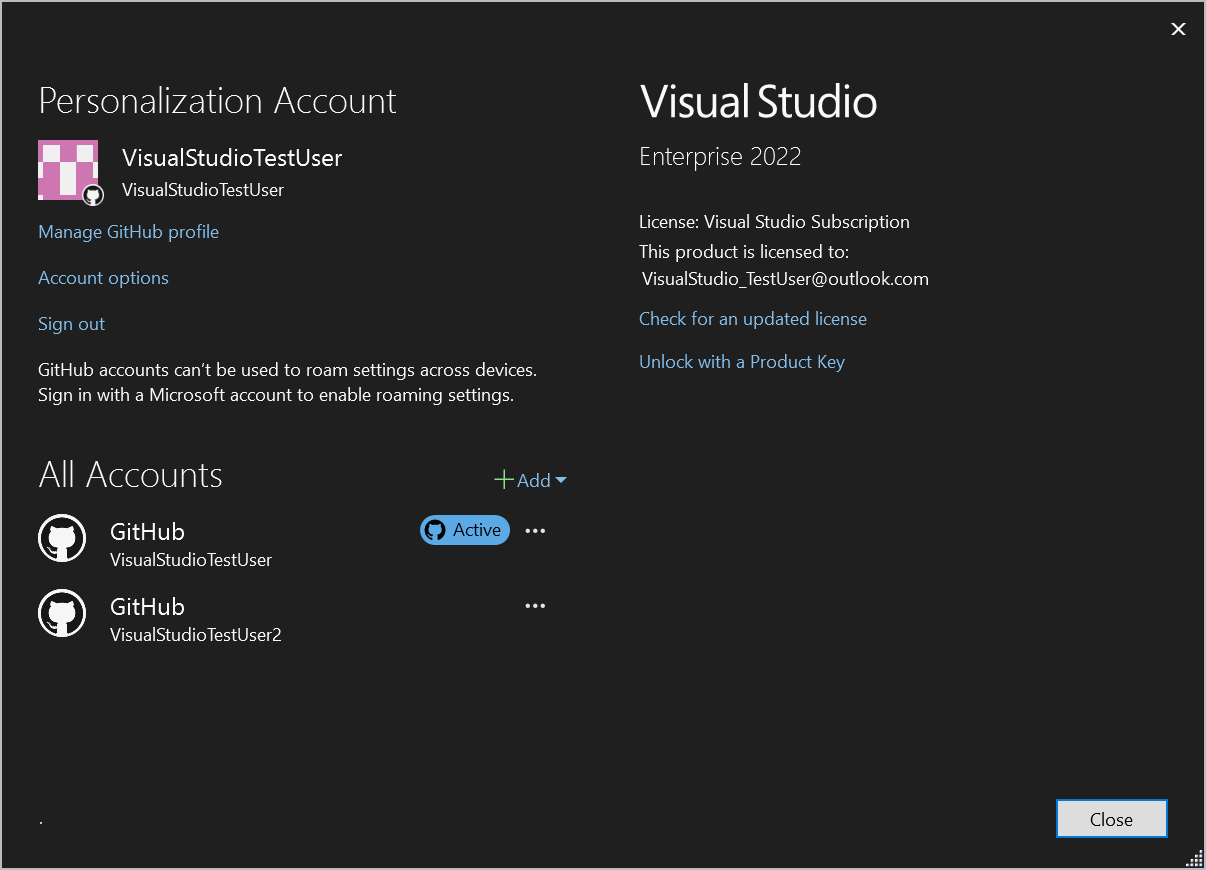 Captura de tela mostrando várias contas do GitHub na caixa de diálogo Configurações da conta.