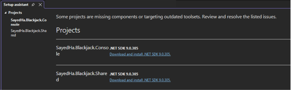 Captura de tela do Assistente de Configuração do C#.