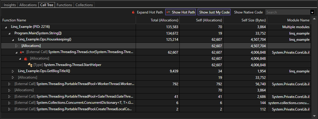 Captura de tela do caminho quente expandido.