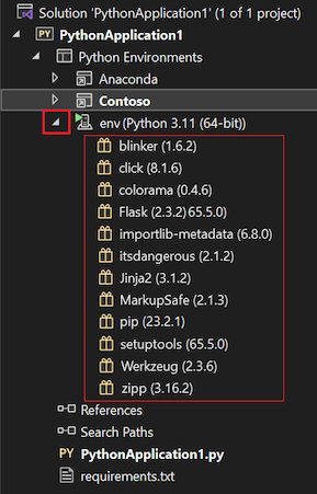 Screenshot that shows Python packages for an environment in Solution Explorer in Visual Studio.