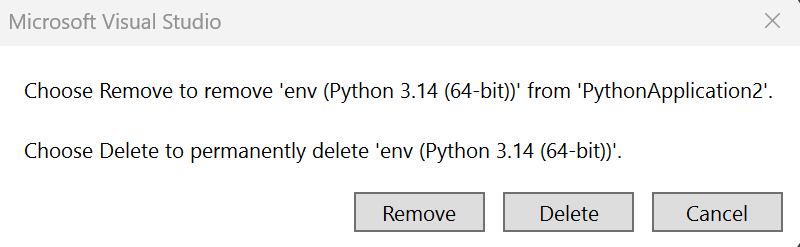 Captura de tela que mostra como excluir ou remover um ambiente Python.