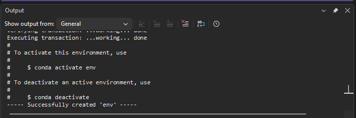 Captura de ecrã que mostra a criação bem-sucedida de um ambiente de conda.