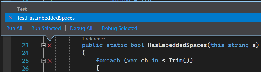 Opções de Testes Unitários ao Vivo para um teste falhado