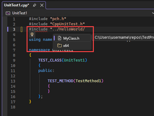A captura de ecrã mostra o Explorador de Soluções com uma instrução #include com o IntelliSense a destacar um ficheiro de cabeçalho no Visual Studio.