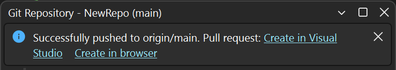 Captura de ecrã da janela Git Changes com a barra de informação 'Impulsionou com sucesso o QP para a origem. Pull request: Criar no Visual Studio ou criar através do navegador.' no Visual Studio.
