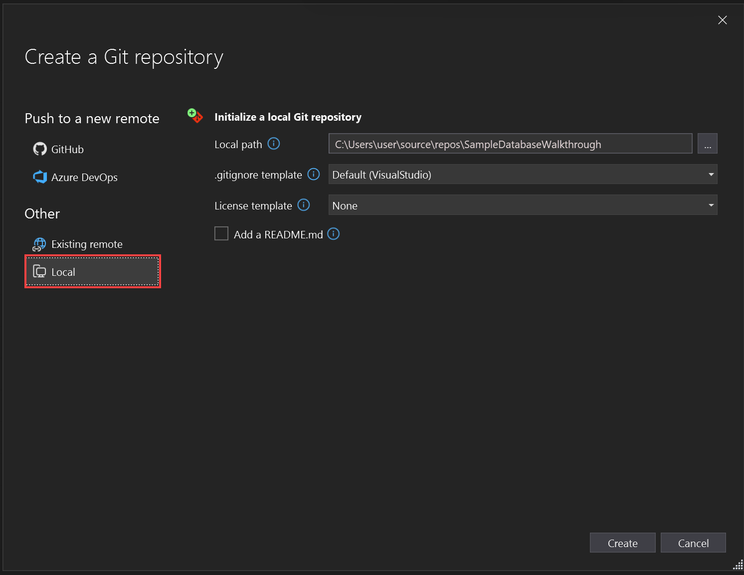 Captura de ecrã do ecrã Criar Repositório Git, mostrando a opção Local.