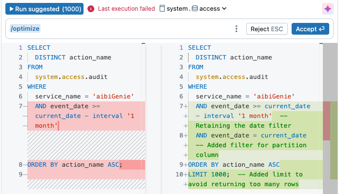 Оптимизированный запрос, созданный с помощью команды /optimize с genie Code