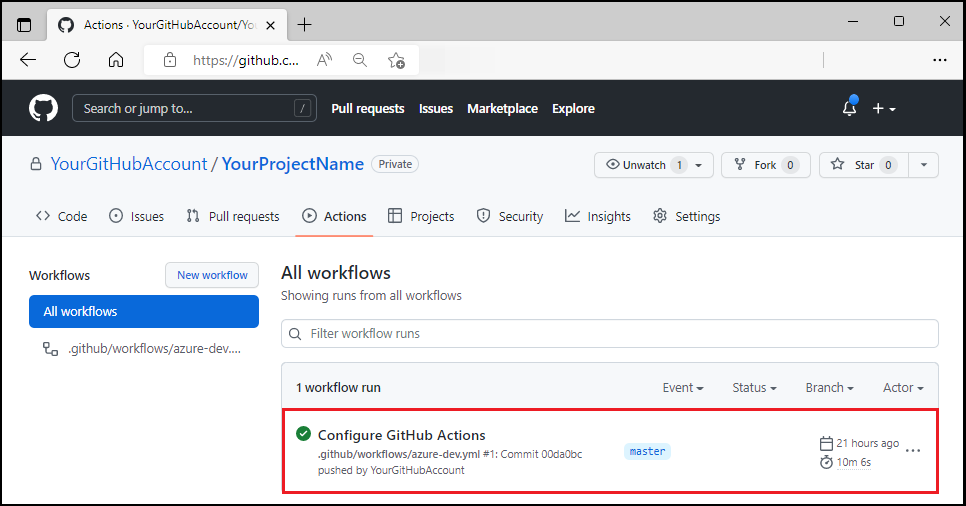 Скриншот выполняющегося рабочего процесса GitHub.