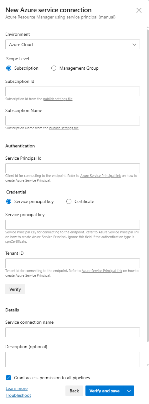 Снимок экрана: верхняя часть нового экрана подключения к службе.