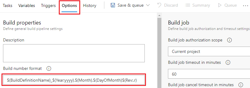 Снимок экрана настройки формата номера сборки.