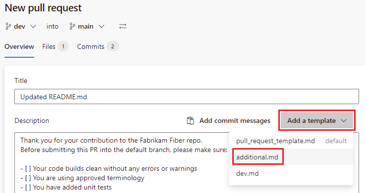 дополнительный шаблон pull request
