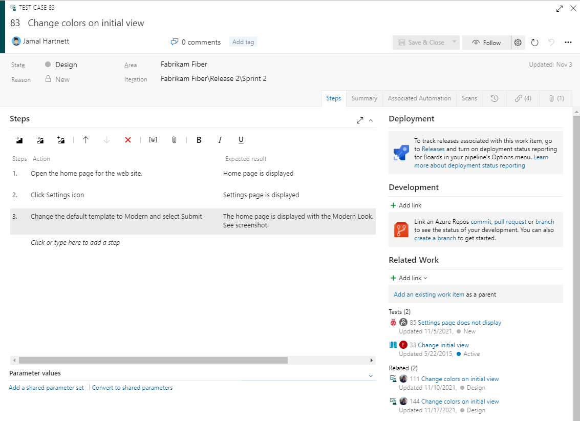 Снимок экрана: форма рабочего элемента тестового сценария.